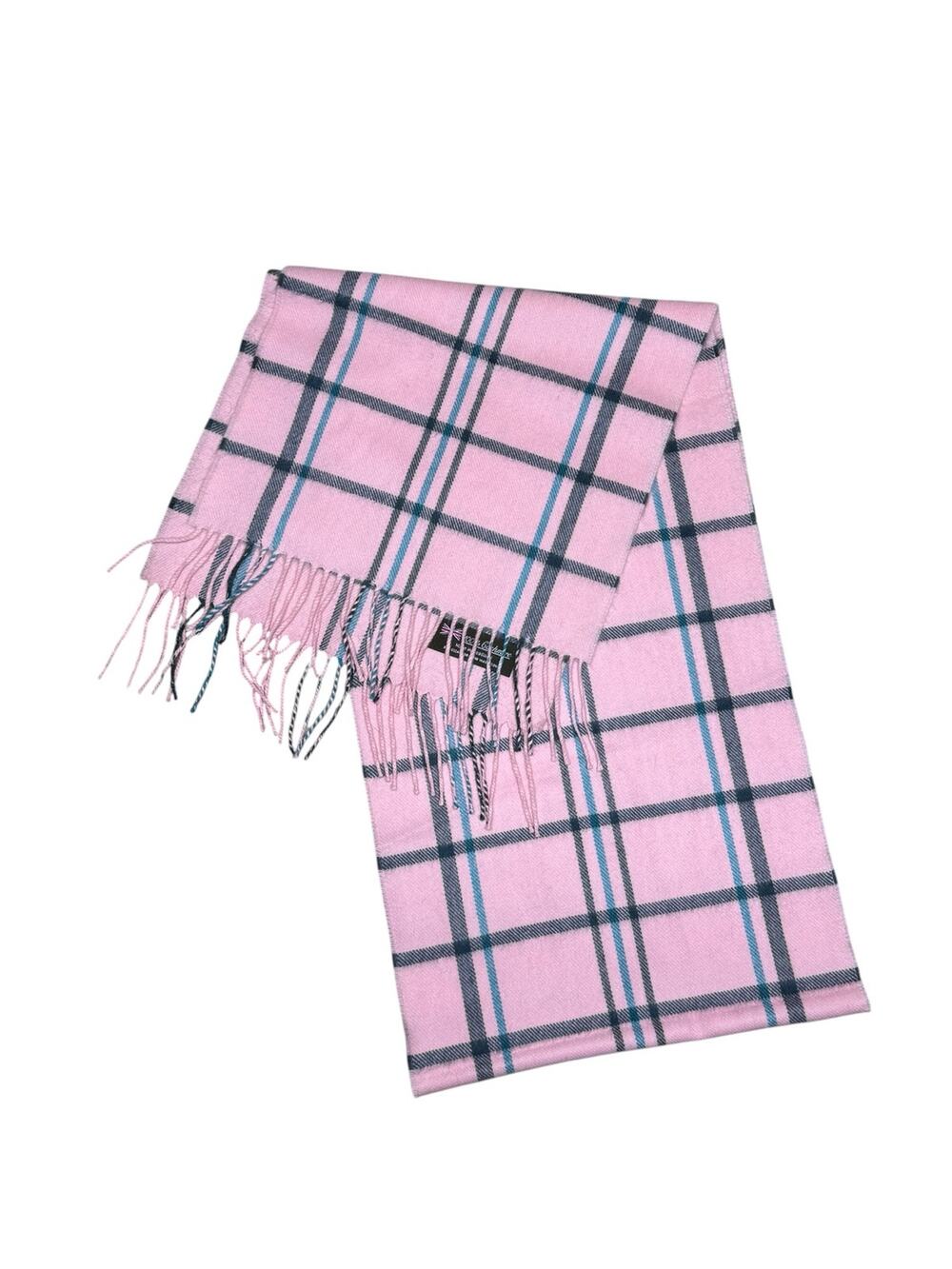Vintage 100% Cashmere Scottish Soft Pink Turquoise Blue Plaid Fringe Scarf